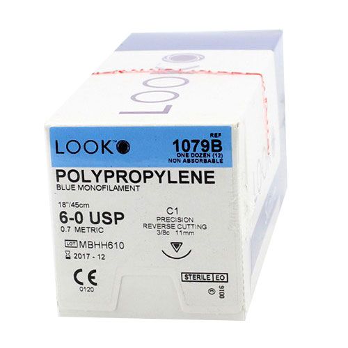 Look 1079B Polypropylene Blue Monofilament Reverse Cut Sutures C1 6/0 18 Look 1079B Polypropylene Blue Monofilament Reverse Cut Sutures C1 6/0 18
